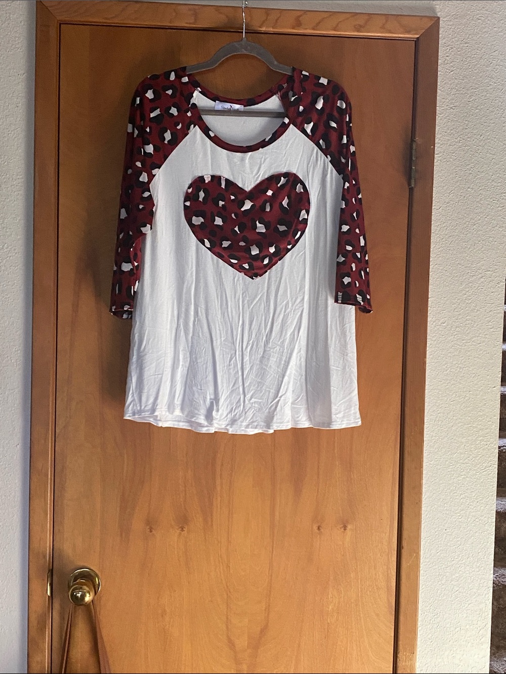 Women’s White Raglan Tee with Red Heart and Leopard Sleeves